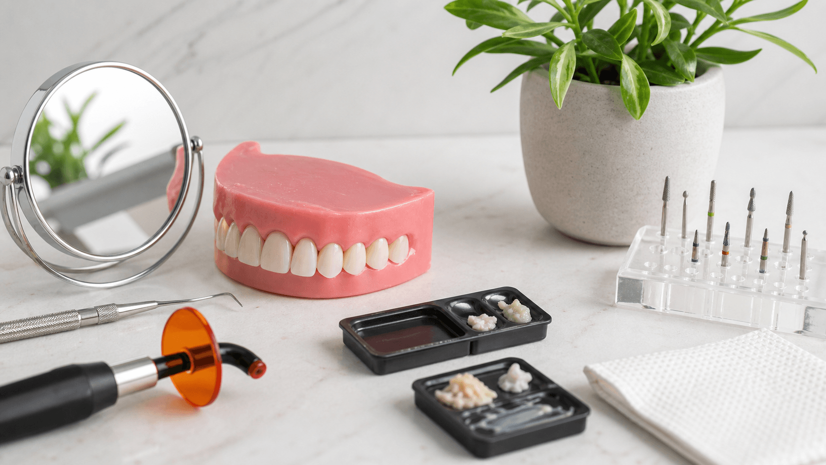 Close-up of a smiling mouth with glossy white teeth and dental tools under bright clinical lighting.