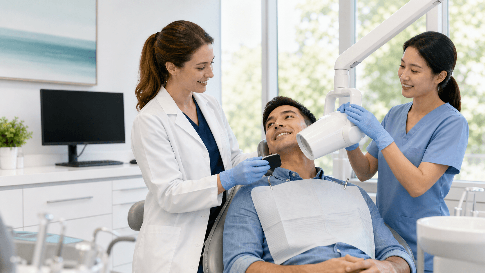 Smiling patient in a dental chair as a dentist positions a blue digital X-ray sensor under bright clinic lights.
