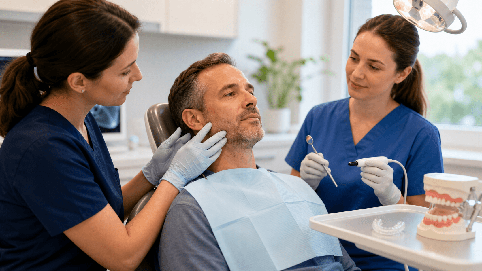 Dentist in white gloves examines a patient’s jaw with a mirror under bright clinic lighting, soft blue background